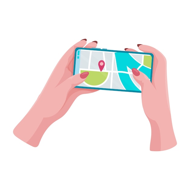지도 및 마커가 있는 전화 또는 태블릿 전화를 들고 있는 손 모바일 GPS 탐색 및 경로 추적 개념 여자는 손에 전화를 들고 있습니다.