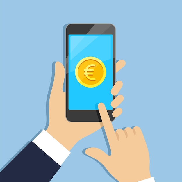 Hands holding phone with euro coin icon on screen