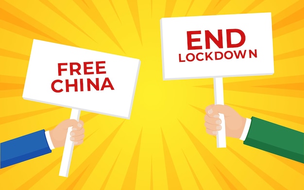 Hands holding placards signs with End lockdown against China. Stop protest against China.	