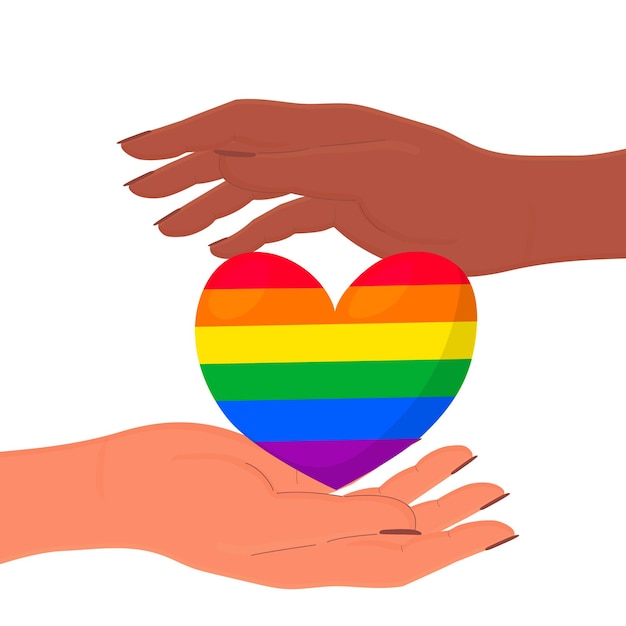 Hands holding rainbow heart LGBT symbol Vector illustration in cartoon style LGBT Pride month concept