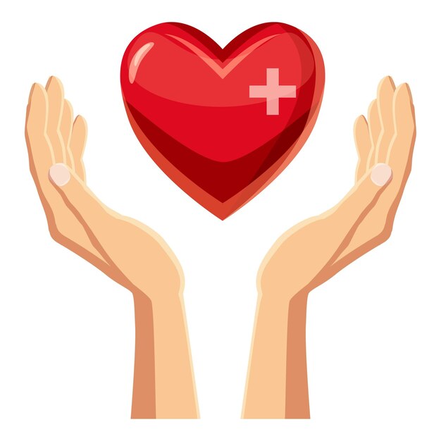 Vector hands holding red heart with cross icon. cartoon illustration of hands holding red heart with cross vector icon for web