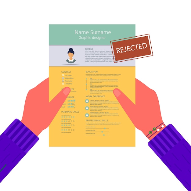 hands holding resume with rejected stamp. feminine resume with infographic design. stylish cv set for women for job interview. hiring manager concept