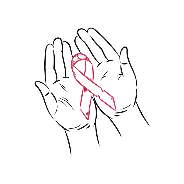 Hands holding ribbon breast cancer awareness line drawing Hand drawn sketch vintage illustration