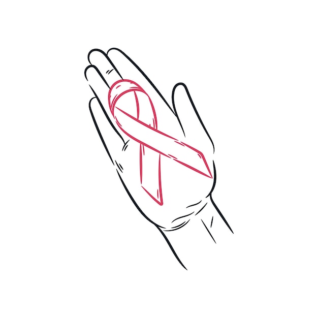 Hands holding ribbon breast cancer awareness line drawing Hand drawn sketch vintage illustration