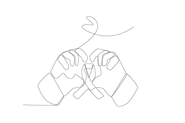 The hands holding a ribbon for health campaign line art