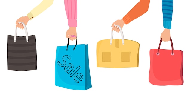 Vector hands holding shopping bags after a salethe concept of trading the joy of shopping beautiful