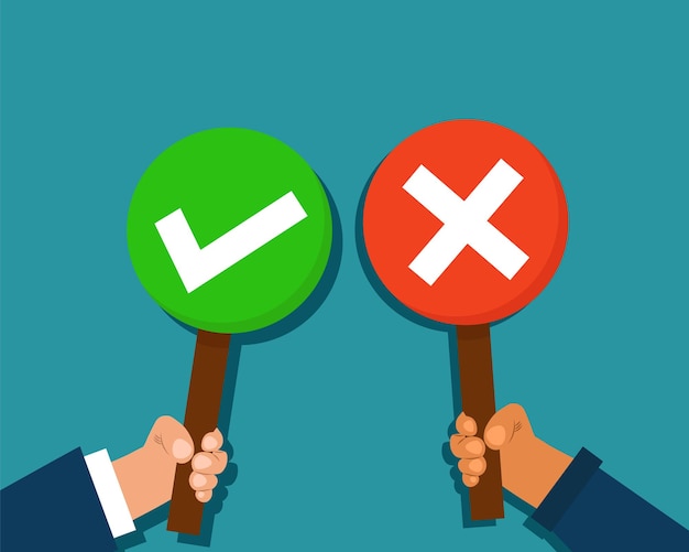 Hands holding signboard with tick or cross symbols in a flat design