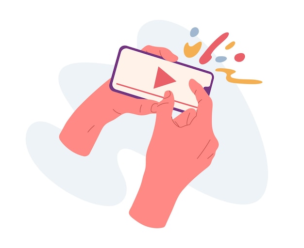 Vector hands holding smartphone fingers scrolling cellphone screen flat vector illustration