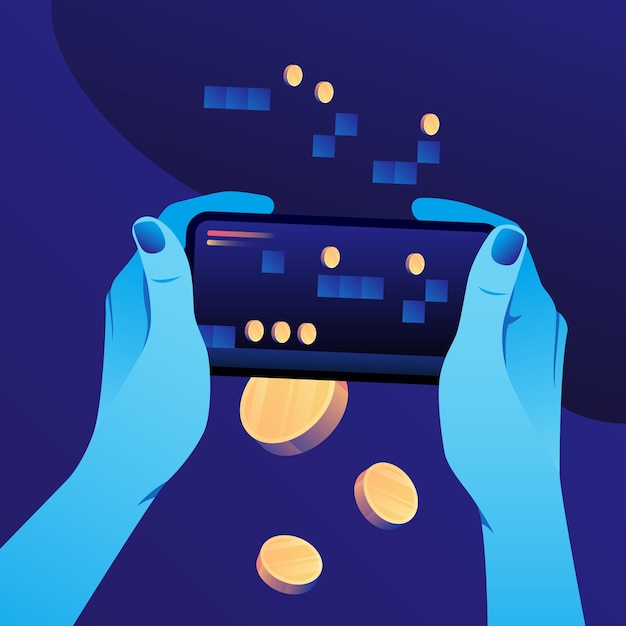 Hands holding smartphone graphic plays to earn illustration