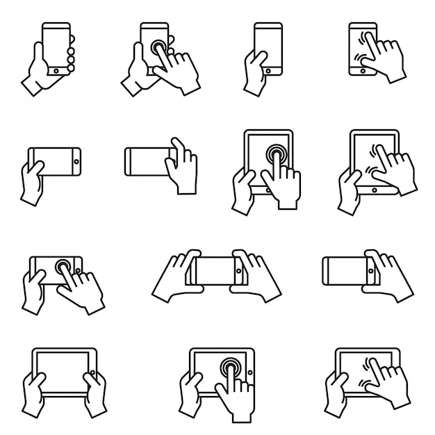 hands holding smartphone and tablet icon set with white background. Thin line style stock vector.