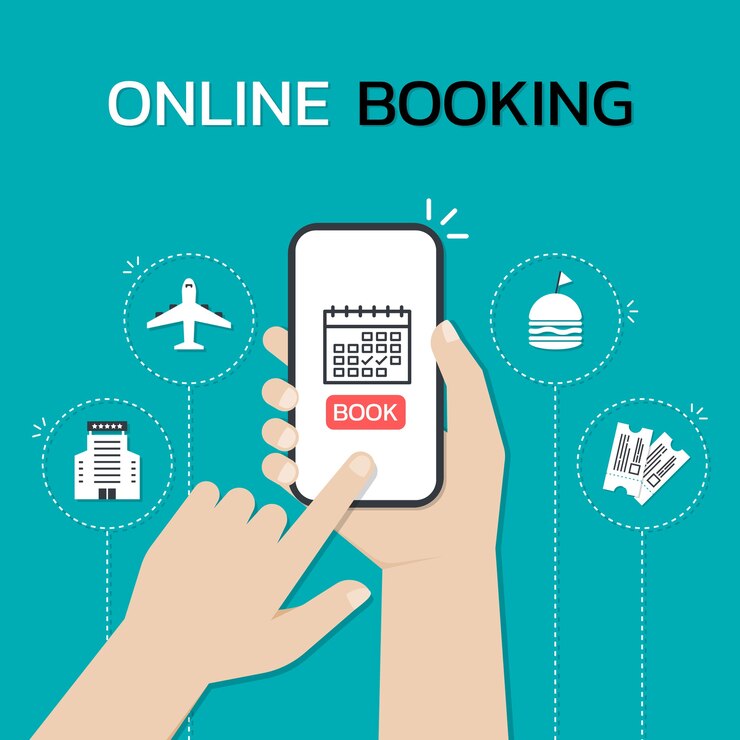 Hands holding a smartphone and touch on the screen while use Online booking mobile application.