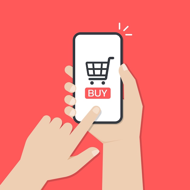 Mani che tengono uno smartphone e toccano lo schermo durante l'utilizzo dell'applicazione mobile per lo shopping online