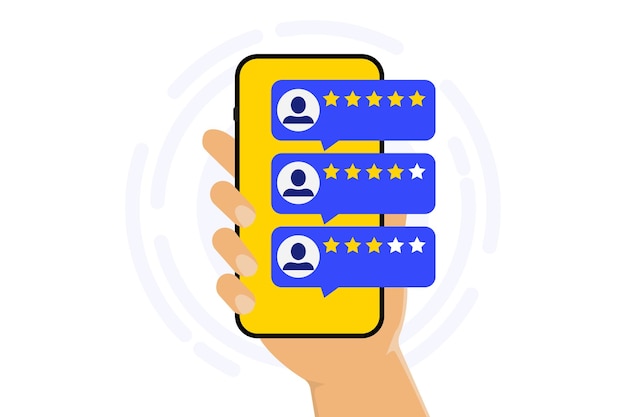 顧客のフィードバックを持つスマートフォンを持つ手 ウェブサイトまたはアプリケーションの品質サービス クライアントのフィードバック 吹き出しのテキスト メッセージ ソーシャル メディアのコメント 良い評価と悪い評価の星のレビュー