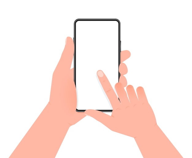 白い背景のベクトルイラストのタッチスクリーンのスマートフォンを握る手
