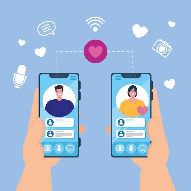 Hands holding smartphones video call on the screen with couple, social media concept
