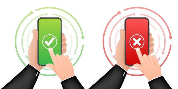 Hands holding smartphones with checkmarks set