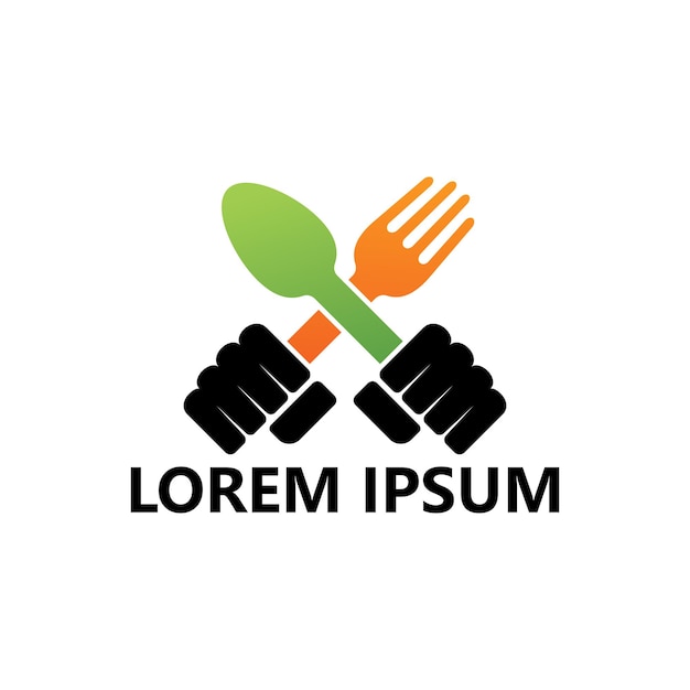 Hands holding spoons and forks to eat logo template design