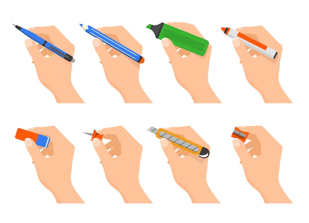 Vector hands holding stationery  isolated. office supplies