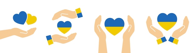 심장 모양에 우크라이나 국기를 들고 손 우크라이나 평화 상징에 대한 지원 관리 개념