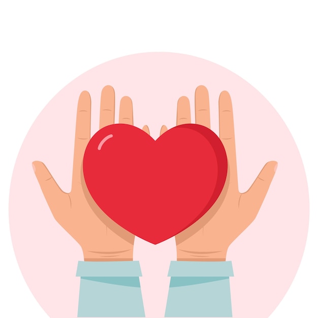 手を握り、赤いハートを与える慈善愛の誠実な関係の概念