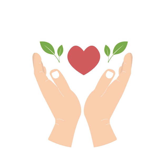 Hands holds red heart and green leaves