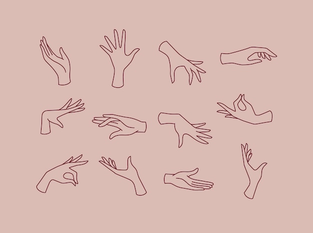 Vector hands icons drawing in flat style on pink brown background