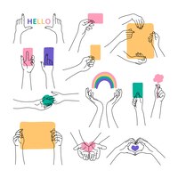 Hands icons set hello, business card, rainbow, heart, paper, flower, apple. editable line and spot.