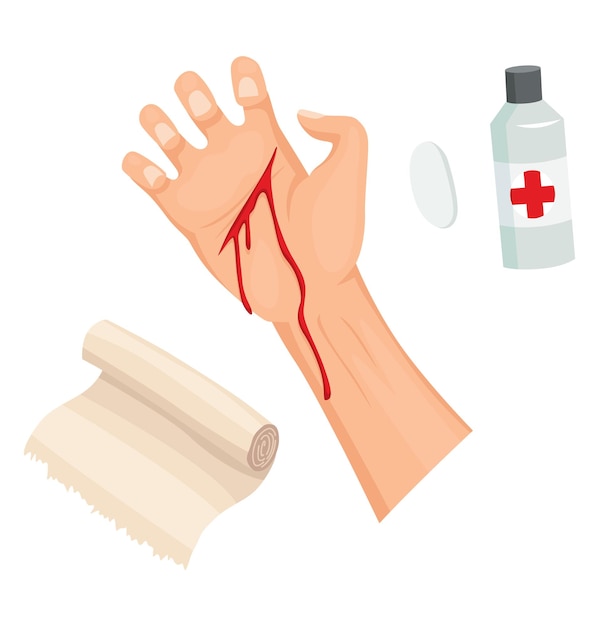 Hands injured skin and procedures of bandaging First aid for wound Medicine cure or treatment First emergency help for human hand trauma