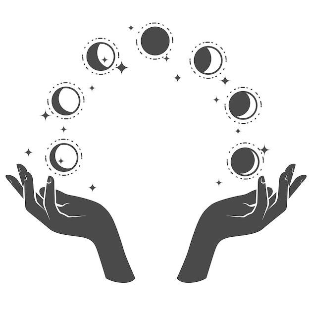 Vector hands juggling with phases of the moon divination magic of lunar phase vector