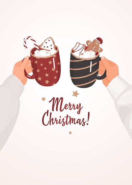 Hands keeping mugs of cocoa with marshmallows, gingerbread man