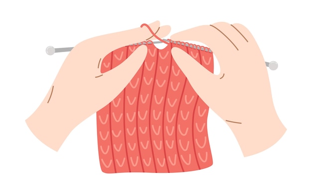 Hands knitting a product with knitting needles Vector illustration of cozy crafting hobby Wool warm clothes