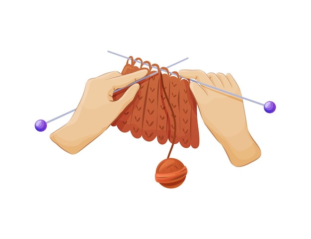 Mani che lavorano a maglia con filo di aghi e gomitolo