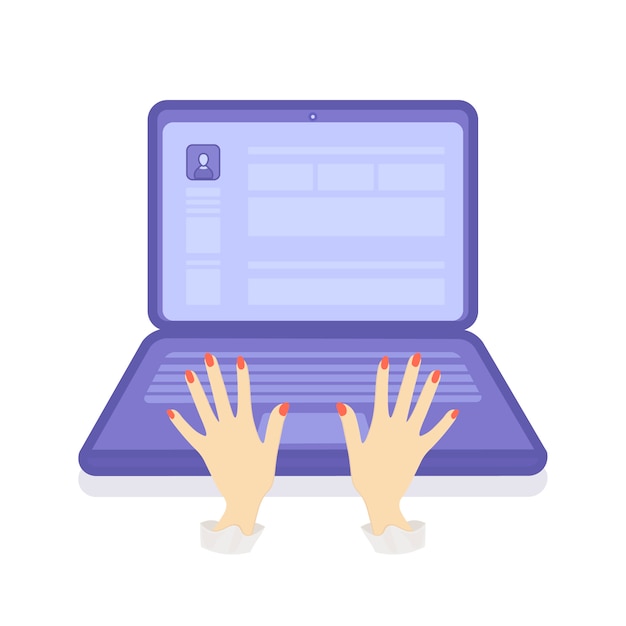 Hands on a laptop. Blue laptop. Social networks. Flat illustrations. Vector illustration