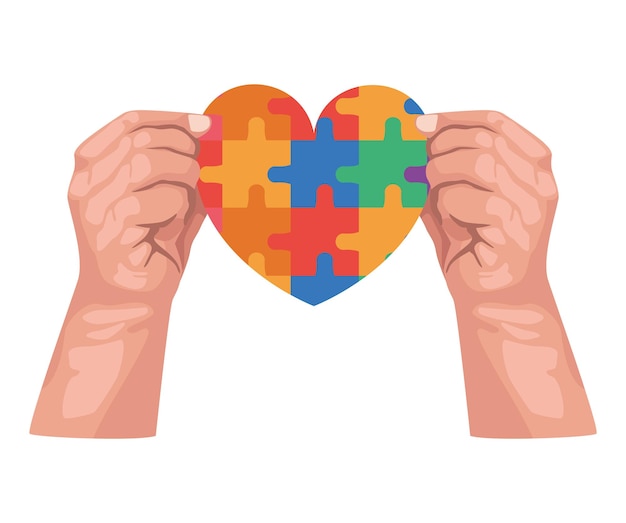 Vector hands lifting heart puzzle autism campaign