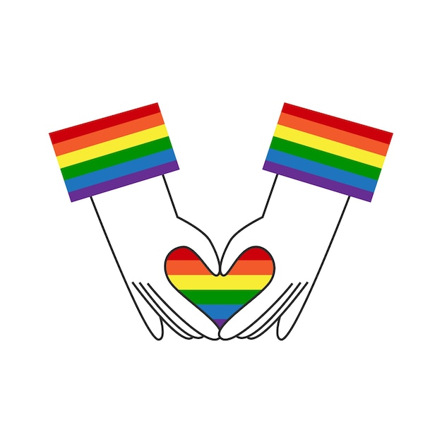 Vector hands make rainbow heart shape gay lgbt flag symbol happy pride valentines day diversity, inclusion