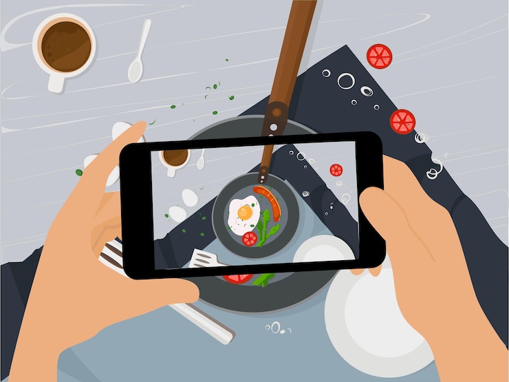 Vector hands making a smartphone photo dinner with eggs and sausage