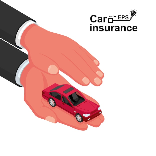 Руки мужской страховой агент защищает автомобиль концепция страхования автомобилей векторная иллюстрация изометрический дизайн защита автомобиля безопасность транспорта служба безопасности для авто