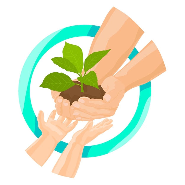 hands of man and baby holding a young plant ecology concept