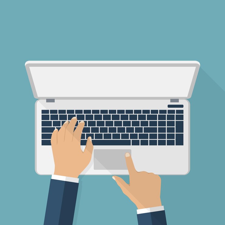 Vector hands of a man on the laptop keyboard vector illustration of flat design laptop desk working man using laptop