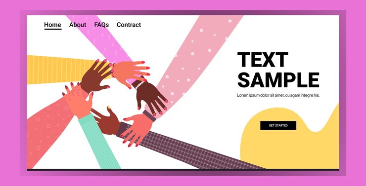 Vector hands of mix race group of women putting together female empowerment movement girl power union of feminists concept horizontal landing page copy space vector illustration