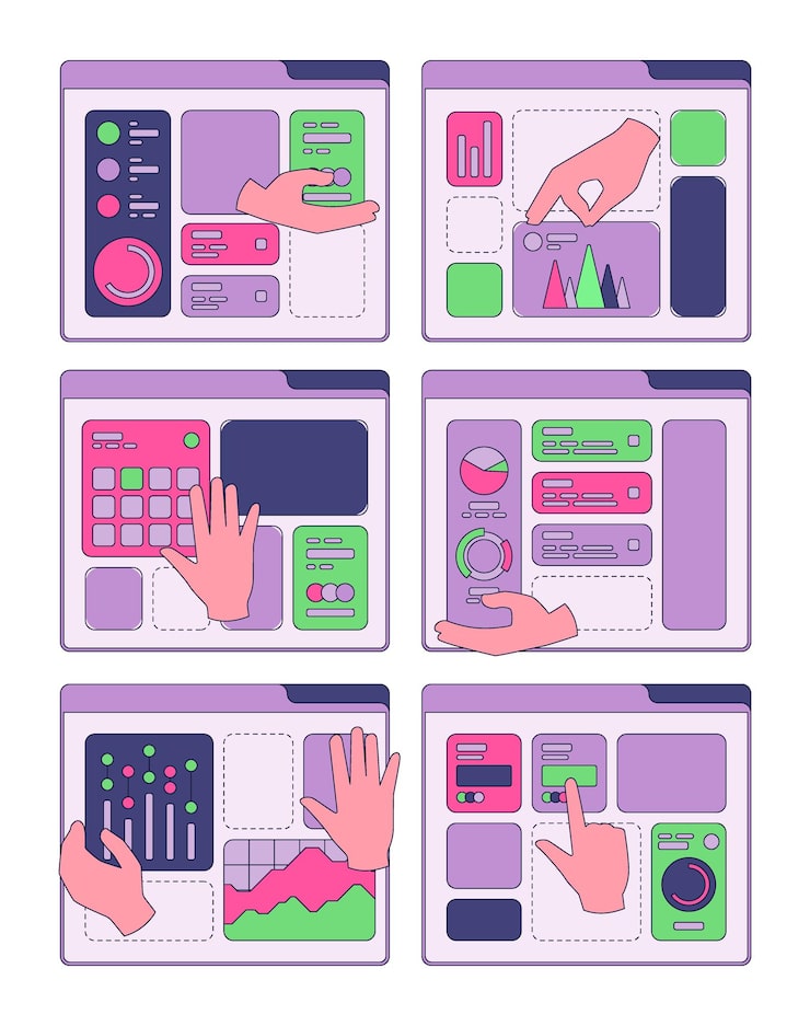 Vector hands moving interface ui frames and buttons customizing design interfaces work frames for programs build processes application protorype garish vector web page template