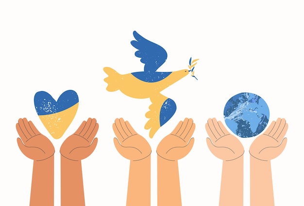 Вектор Руки разного цвета кожи держат голубя мира в форме сердца флаг украины планета земля