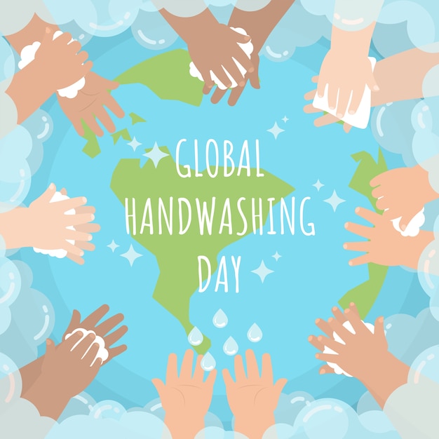 ベクトル 世界的な手洗いの日のためにシャボン玉で世界中を洗う子供たちの手