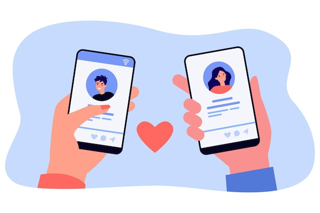 휴대폰을 들고 있는 남녀 데이트 앱 사용자의 손. 소셜 미디어 평면 벡터 삽화에서 프로필을 보는 사람들. 배너 또는 방문 페이지에 대한 사랑, 로맨스, 통신, 네트워크 개념