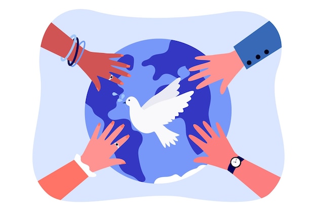 행성의 배경에 있는 다국적 사람들의 손. 흰색 평화 비둘기 또는 올리브 가지가 손으로 납작한 벡터 삽화로 둘러싸인 비둘기를 날고 있습니다. 자유, 지원, 공생, 도움말 개념