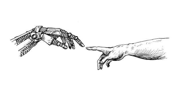Руки робота и руки человека соприкасаются пальцами виртуальная реальность или концепция технологии искусственного интеллекта ручной рисунок эскиз дизайн иллюстрации