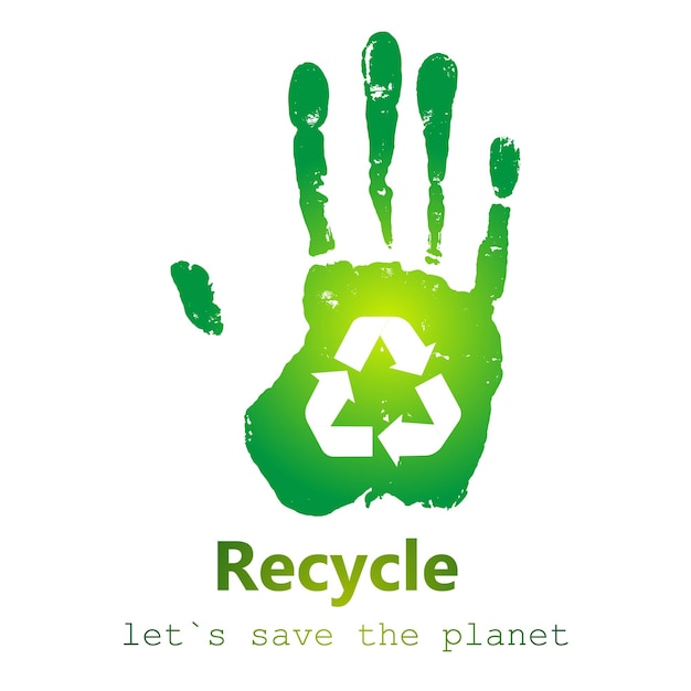 Vector hands outstretched with recycling symbol ecology concept concept save the earth or stop global warming protect nature save the world flat style isolated on white vector