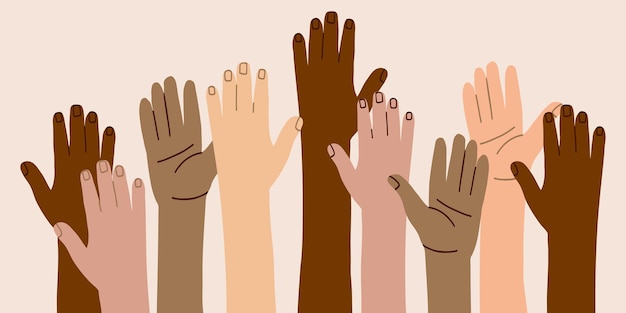 Le mani di persone di diverse nazionalità una comunità unita di persone di colore della pelle