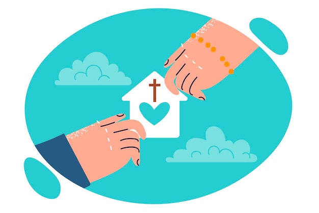 Hands of people with symbol of christian charity in shape of house with heart and catholic cross