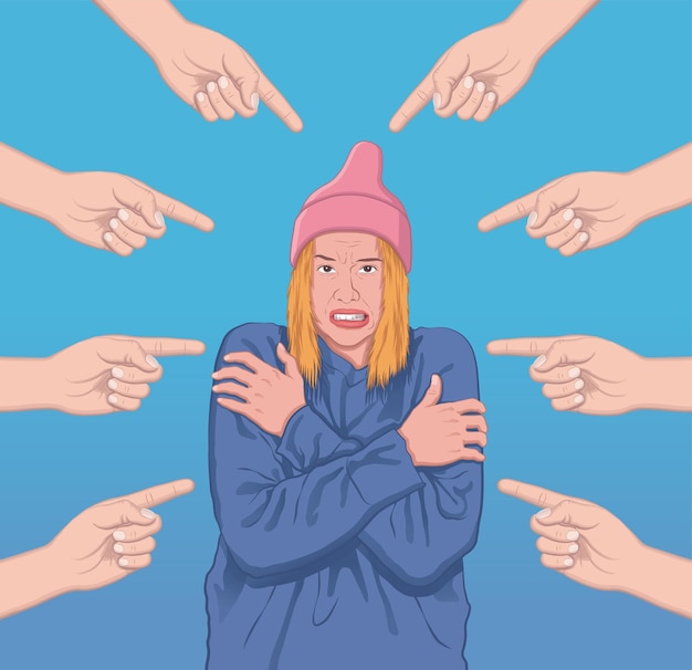 Hands pointing fingers on a girl woman feeling uncomfortable and scared vector illustration